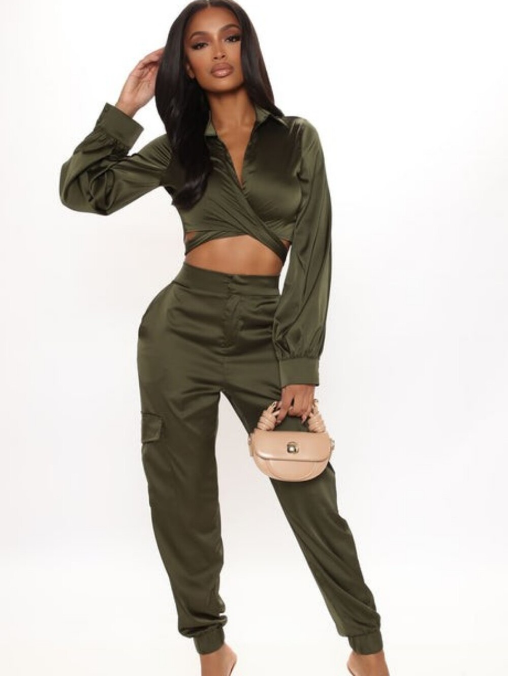 Fashion Nova Olive Satin Tie-Front 2 Piece Set
